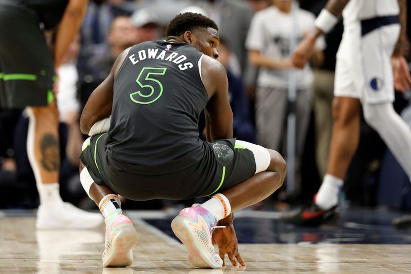 Anthony Edwards #5 of the Minnesota Timberwolves looks on during the fourth quarter against the Dallas Mavericks in Game Five.