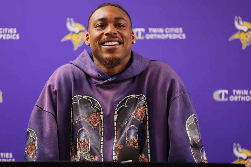 Justin Jefferson #18 of the Minnesota Vikings addresses the media in a press conference announcing a $140 million, four year contract extension.