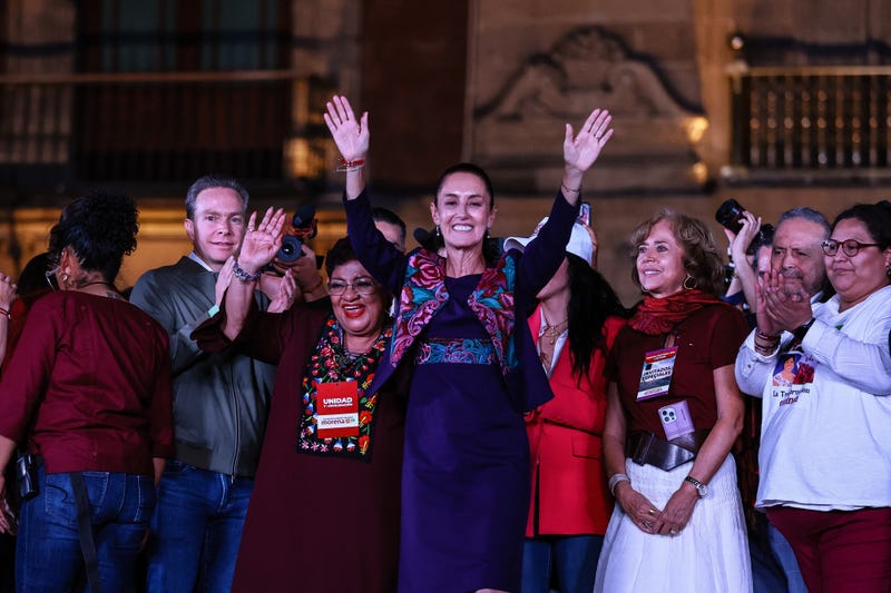 Presidential candidate Claudia Sheinbaum of ''Sigamos Haciendo Historia'' coalition waves after the first results released by the election authorities show that she leads the polls by a wide margin after the presidential election at Zocalo Square on June 3, 2024, in Mexico City, Mexico.