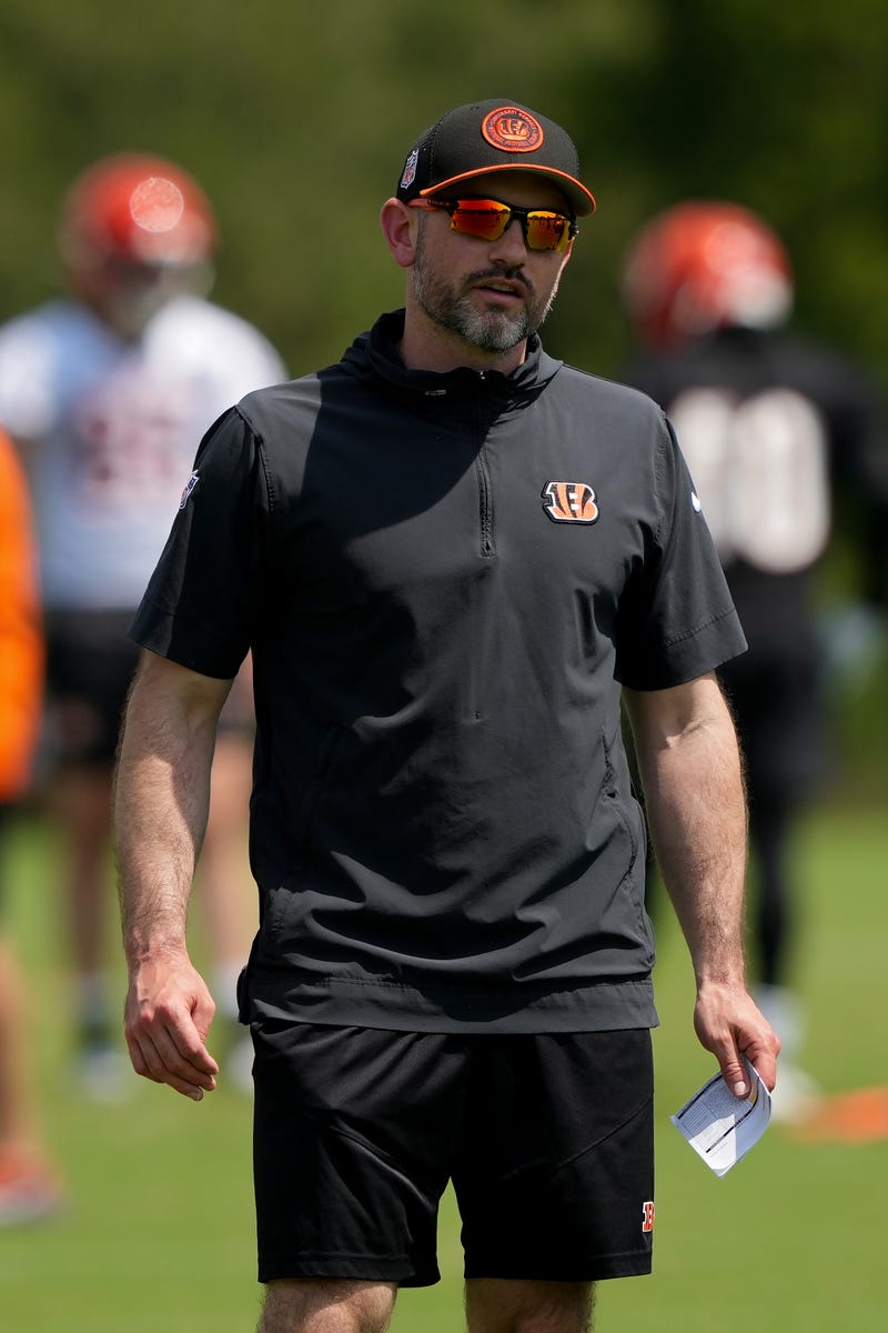 CINCINNATI, OHIO - JUNE 04: Offensive coordinator Dan Pitcher looks on during an OTA offseason workout at the Kettering Health Bengals Practice Fields on June 04, 2024 in Cincinnati, Ohio