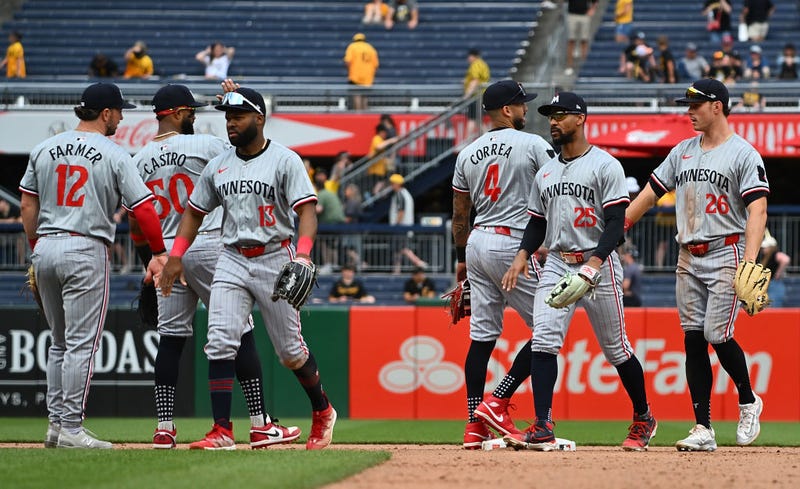 The Minnesota Twins celebrate an 11-5 win over the Pittsburgh Pirates after the game at PNC Park on June 9, 2024 in Pittsburgh, Pennsylvania.