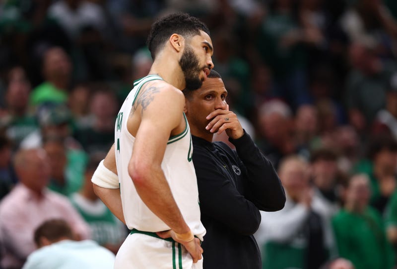 Jayson Tatum #0 talks with Boston Celtics head coach Joe Mazzulla during the fourth quarter against the Dallas Mavericks in Game One of the 2024 NBA Finals at TD Garden on June 06, 2024 in Boston, Massachusetts
