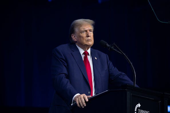 Former President Donald Trump gives the keynote address at Turning Point Action's "The People's Convention" on June 15, 2024 in Detroit, Michigan. 