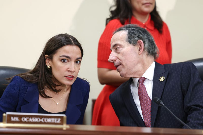 Rep. Alexandria Ocasio-Cortez (D-NY) and Ranking Member Rep. Jamie Raskin (D-MD) chat before a roundtable discussion on Supreme Court Ethics conducted by Democrats of the House Oversight and Accountability Committee at the Rayburn House Office Building on June 11, 2024 in Washington, DC.