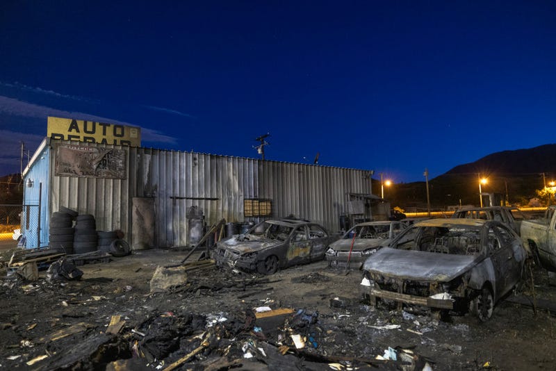 Dozens of burned up cars that were destroyed by the Post Fire at an auto repair business are seen on June 17, 2024 in Gorman, California.