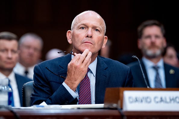 Boeing CEO Dave Calhoun appears before a Senate Homeland Security and Governmental Affairs Investigations Subcommittee hearing on Boeing's broken safety culture on Capitol Hill on June 18, 2024 in Washington, DC.