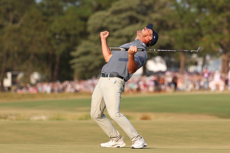 Bryson DeChambeau of the United States celebrates his winning putt on the 18th green during the final round of the 124th U.S. Open at Pinehurst Resort on June 16, 2024, in Pinehurst, North Carolina.