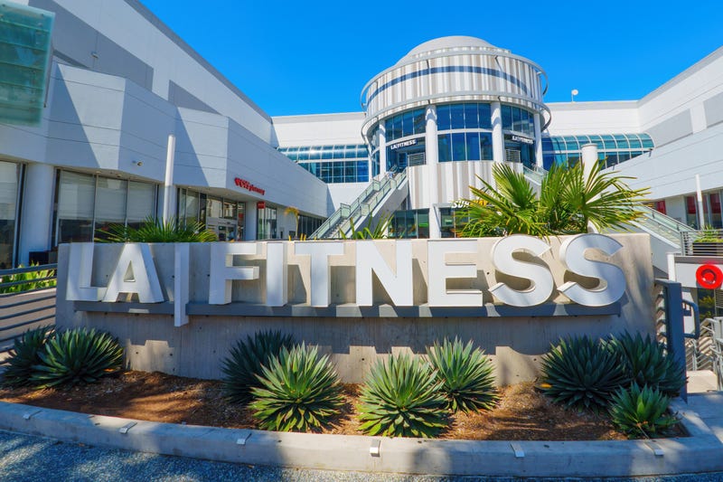  LA Fitness sign outside a gym in a commercial district of LA.