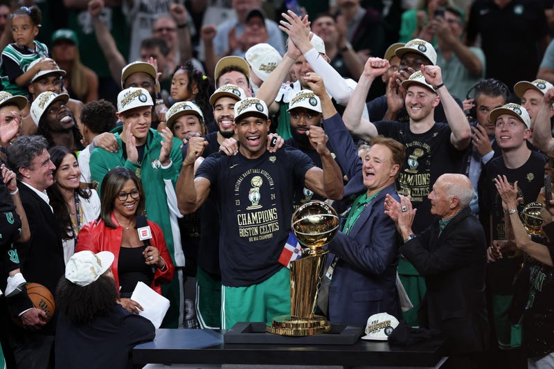 Al Horford #42 of the Boston Celtics celebrates after Boston's 106-88 win against the Dallas Mavericks in Game Five of the 2024 NBA Finals at TD Garden on June 17, 2024 in Boston, Massachusetts.