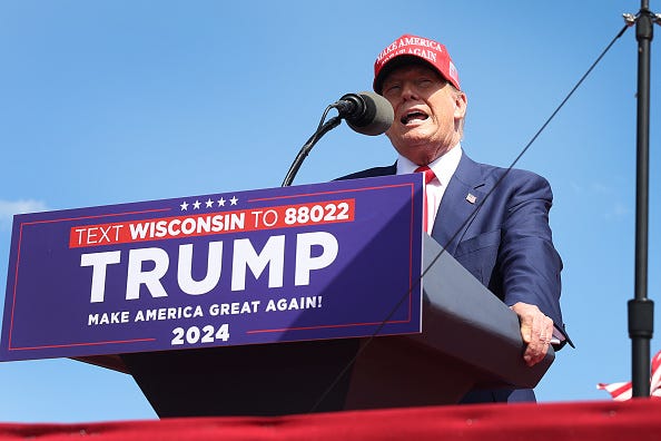 Republican presidential candidate former President Donald Trump speaks during a rally at Festival Park on June 18, 2024 in Racine, Wisconsin.