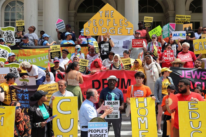 NYC Comptroller Brad Lander speaks during a rally against proposed cuts to the NYC budget at City Hall on June 20, 2024 in New York City.