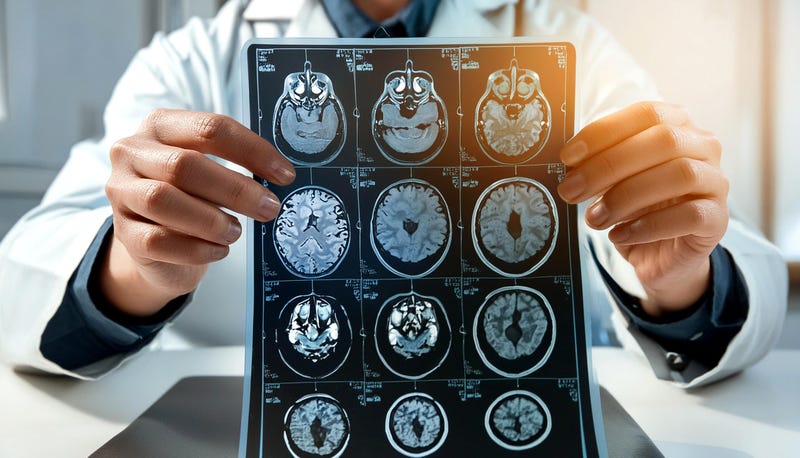 MRI Brain Scan. Doctor shows MRI Brain Scan of head and skull.