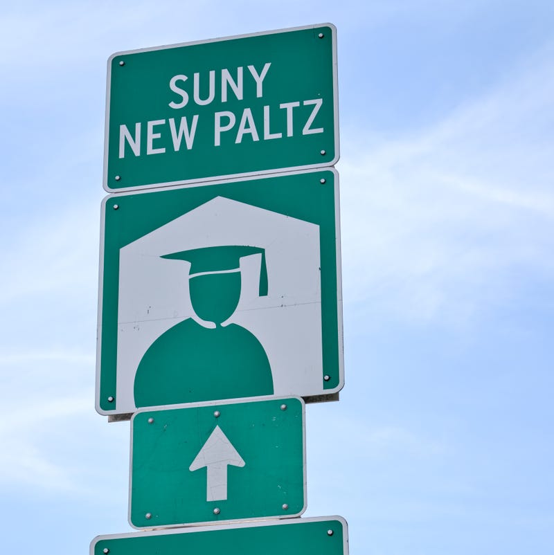 SUNY NEW PALTZ street sign with arrow and icon of university college graduation cap gown alt route road signage (york state education) direction directional highway