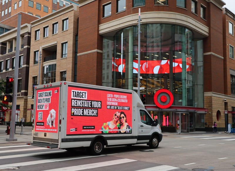 MoveOn PAC commissions a billboard truck to circle Target Headquarters In Minneapolis on Pride Weekend, calling for the company to "Reinstate Pride Merch" in Minneapolis, Minnesota on June 28, 2024. 