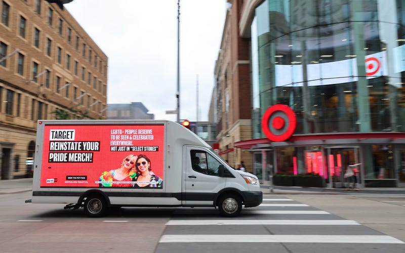 MoveOn PAC commissions a billboard truck to circle Target Headquarters In Minneapolis on Pride Weekend, calling for the company to "Reinstate Pride Merch" in Minneapolis, Minnesota on June 28, 2024.