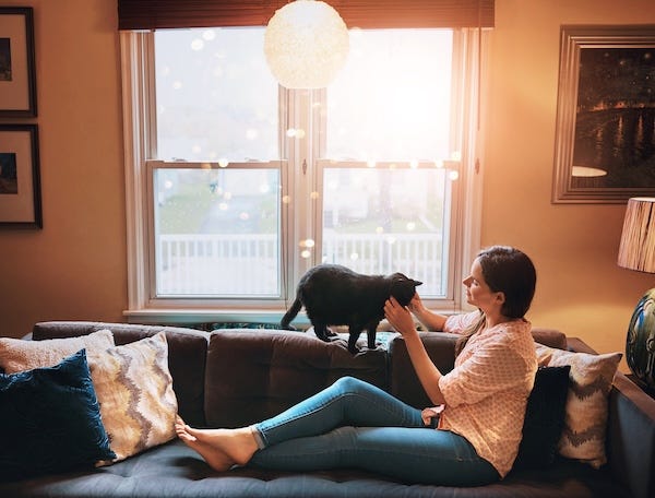 Woman petting her cat in her apartment