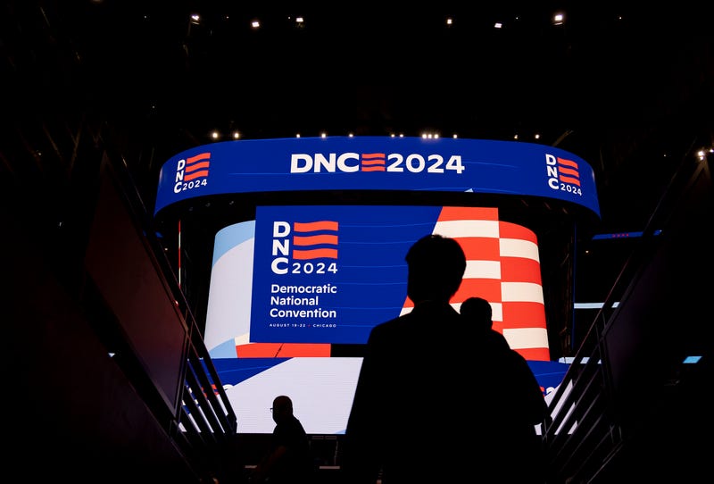 Signage is displayed during a walkthrough of the Democratic National Convention on May 22, 2024, at the United Center.