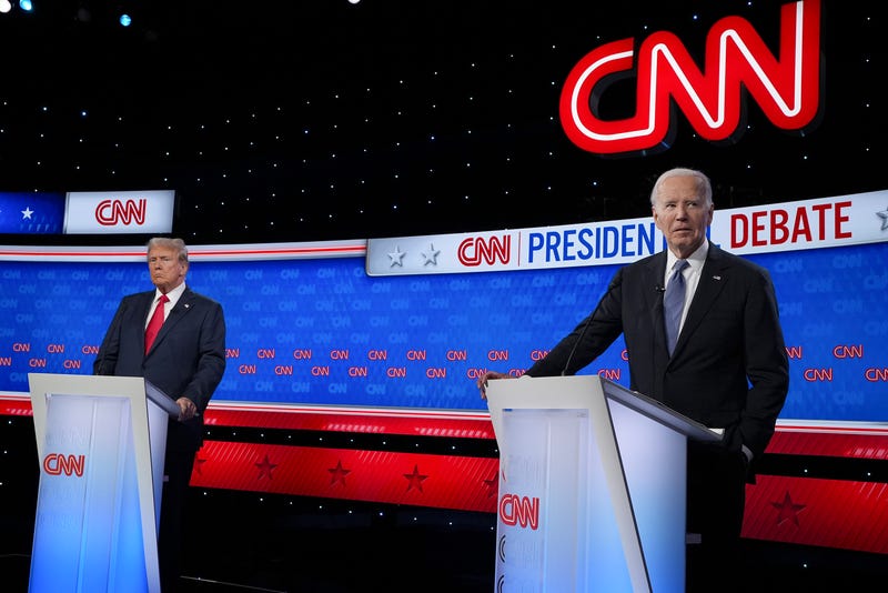 U.S. President Joe Biden (D) and Republican presidential candidate, former U.S. President Donald Trump participate in the CNN Presidential Debate at the CNN Studios on June 27, 2024, in Atlanta, Georgia.
