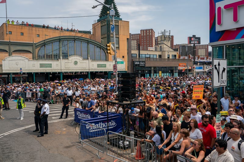 Crowds gather at Nathan's Annual Hot Dog Eating Contest on July 4, 2024 in New York City
