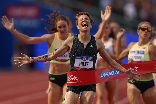 Nikki Hiltz celebrates crossing the finish line to win the women's 1500 meter final on Day Ten of the 2024 U.S. Olympic Team Track & Field Trials at Hayward Field on June 30, 2024 in Eugene, Oregon. 