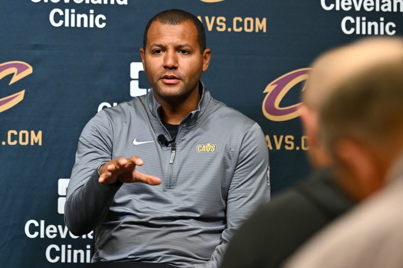 President of basketball operations Koby Altman of the Cleveland Cavaliers answers questions from the media during a press conference introducing new head coach Kenny Atkinson at Cleveland Clinic Courts on July 01, 2024, in Independence, Ohio.