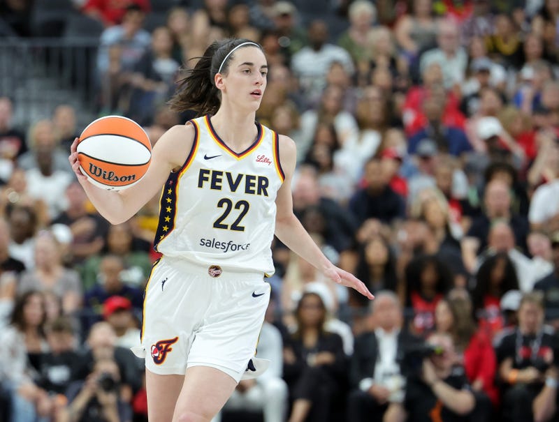 Caitlin Clark #22 of the Indiana Fever brings the ball up the court against the Las Vegas Aces in the first quarter of their game at T-Mobile Arena on July 2, 2024, in Las Vegas, Nevada.