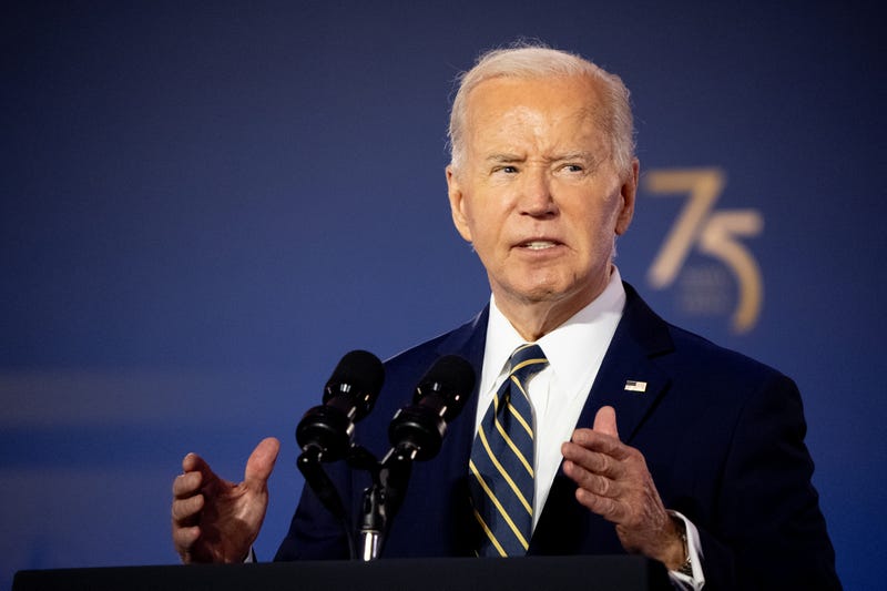 WASHINGTON, DC - JULY 9: U.S. President Joe Biden speaks during a NATO 75th anniversary celebratory event at the Andrew Mellon Auditorium on July 9, 2024 in Washington, DC. NATO leaders convene in Washington this week for its annual summit to discuss their future strategies and commitments, and marking the 75th anniversary of the alliance's founding.