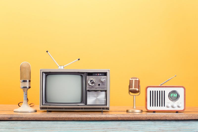 Old-fashioned TV, radio and broadcasting microphones