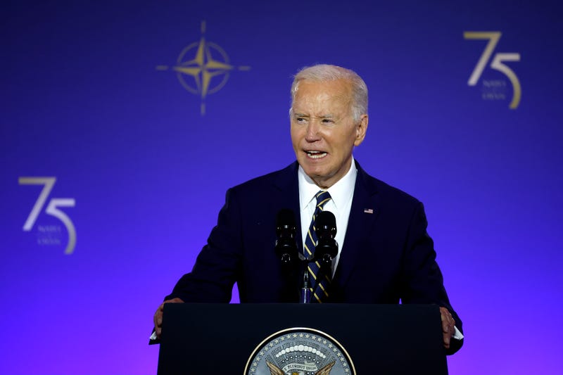 U.S. President Joe Biden delivers remarks during the NATO 75th anniversary celebratory event at the Andrew Mellon Auditorium on July 9, 2024, in Washington, DC. 