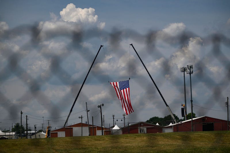 The American flag, that served as the backdrop for a campaign rally by former President and current Republican candidate Donald J. Trump