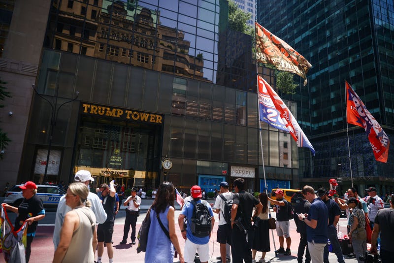 Demonstrators gather in front of Trump Tower a day after the former U.S. President has been injured during shooting at campaign rally in Butler, Pennsylvania.