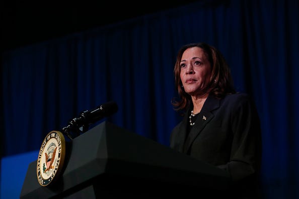 US Vice President Kamala Harris makes remarks before a moderated conversation with former Trump administration national security official Olivia Troye and former Republican voter Amanda Stratton on July 17, 2024 in Kalamazoo, Michigan.
