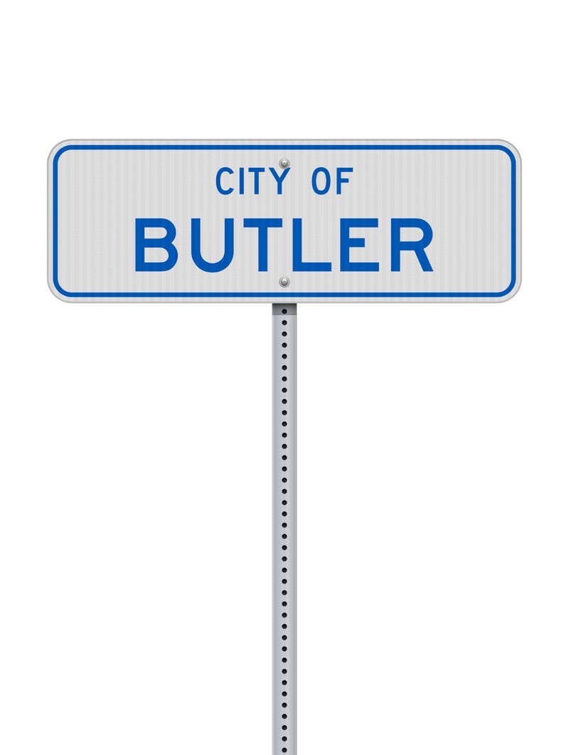 Illustration of the Butler (Pennsylvania) city white road sign on metallic post