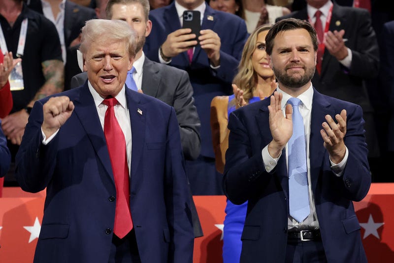 Republican presidential candidate, former U.S. President Donald Trump (L) and Republican vice presidential candidate, U.S. Sen. J.D. Vance (R-OH) appear on the first day of the Republican National Convention at the Fiserv Forum on July 15, 2024 in Milwaukee, Wisconsin.