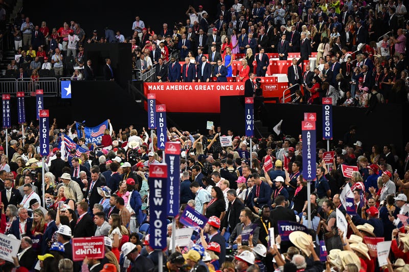  Tucker Carlson, U.S. Rep. Byron Donalds (R-FL), Republican presidential candidate, former U.S. President Donald Trump, Republican vice presidential candidate, U.S. Sen. J.D. Vance (R-OH), Speaker of the House Mike Johnson (R-LA) and his wife Kelly Johnson appear at Republican National Convention. 