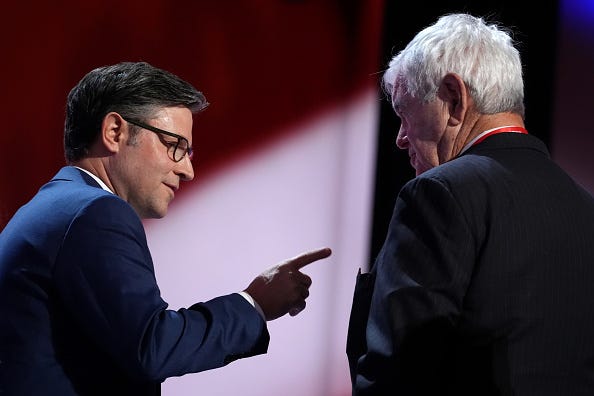 Speaker of the House Mike Johnson (R-LA) and Former U.S. Speaker of the House Newt Gingrich are seen on the second day of the Republican National Convention at the Fiserv Forum on July 16, 2024 in Milwaukee, Wisconsin.