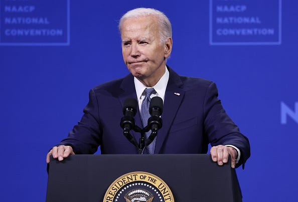 U.S. President Joe Biden speaks at the 115th NAACP National Convention at the Mandalay Bay Convention Center on July 16, 2024 in Las Vegas, Nevada. 
