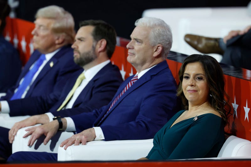 Republican presidential candidate, former U.S. President Donald Trump, Republican vice presidential candidate, U.S. Sen. J.D. Vance (R-OH), House Majority Whip Rep. Tom Emmer (R-MN) and House Republican Conference Chair U.S. Rep. Elise Stefanik (R-NY) look on during the second day of the Republican National Convention at the Fiserv Forum on July 16, 2024 in Milwaukee, Wisconsin.