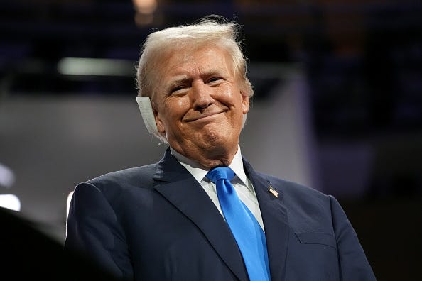 Republican presidential candidate, former U.S. President Donald Trump reacts on the second day of the Republican National Convention at the Fiserv Forum on July 16, 2024 in Milwaukee, Wisconsin.