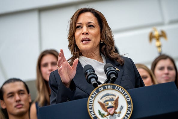 U.S. Vice President Kamala Harris speaks during an NCAA championship teams celebration on the South Lawn of the White House on July 22, 2024 in Washington, DC. U.S. 