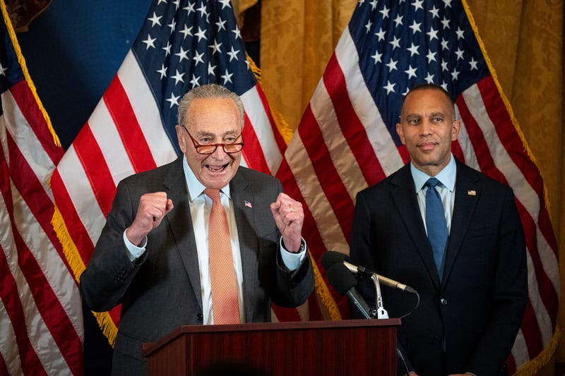 Senate Majority Leader Chuck Schumer, D-N.Y., left, and House Minority Leader Hakeem Jeffries, D-N.Y., hold a news conference at the Democratic Senatorial Campaign Committee to endorse Vice President Kamala Harris to be the Democratic nominee for president on Tuesday, July 23, 2024