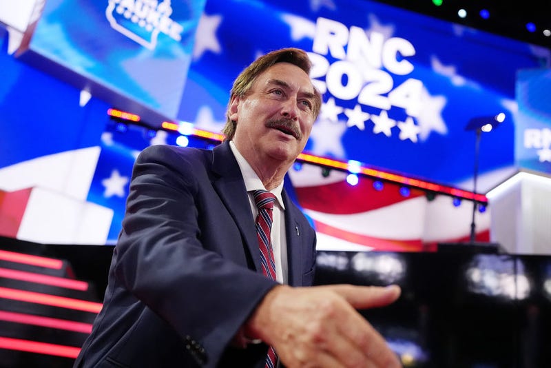 My Pillow CEO Mike Lindell speaks during preparations for the fourth day of the Republican National Convention at the Fiserv Forum on July 18, 2024 in Milwaukee, Wisconsin.