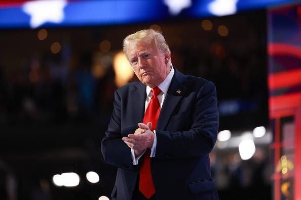Republican presidential nominee, former U.S. President Donald Trump speaks after officially accepting the Republican presidential nomination on stage on the fourth day of the Republican National Convention at the Fiserv Forum on July 18, 2024 in Milwaukee, Wisconsin. 