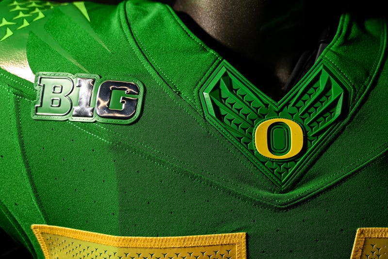 The Oregon Ducks and Big Ten logos on a uniform displayed during the 2024 Big Ten Media Days on July 24, 2024, at Lucas Oil Stadium in Indianapolis.