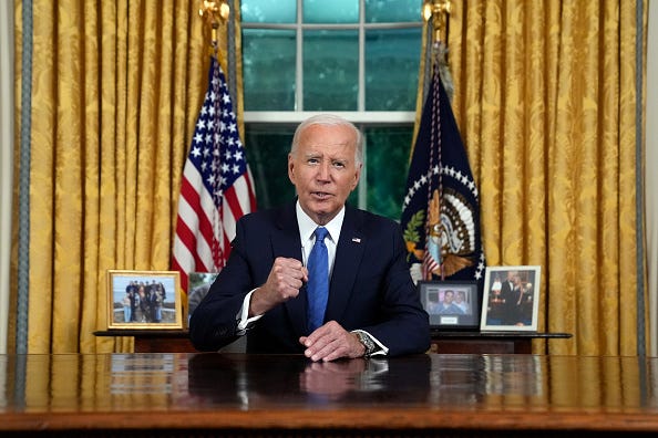 U.S. President Joe Biden speaks from the Oval Office of the White House on July 24, 2024 in Washington, DC.