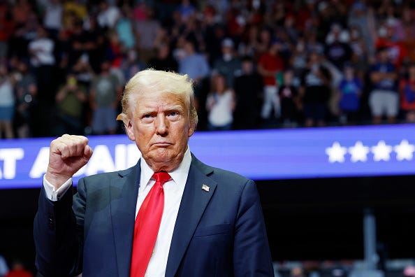 Republican presidential nominee, former U.S. President Donald Trump speaks during a campaign rally at the Van Andel Arena on July 20, 2024 in Grand Rapids, Michigan. 