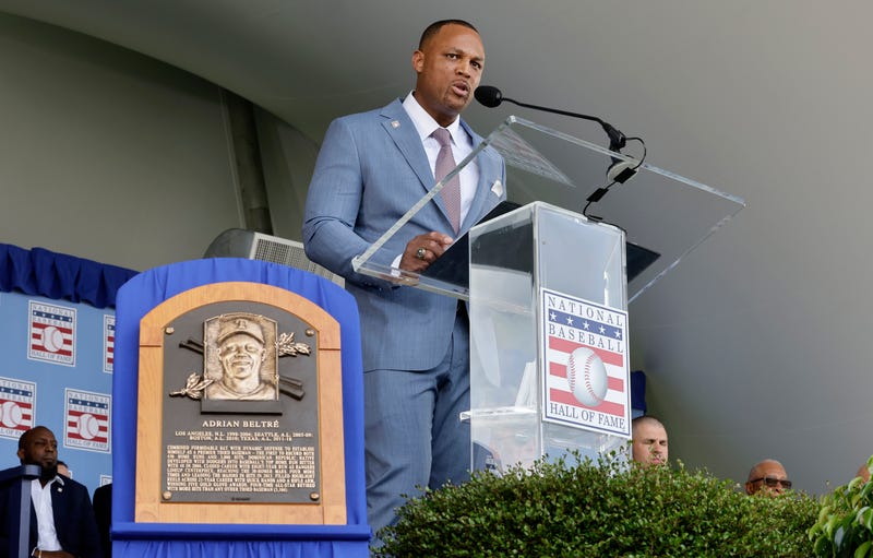 Inductee Adrian Beltre gives his speech during the Baseball Hall of Fame induction ceremony at Clark Sports Center on July 21, 2024, in Cooperstown, New York.