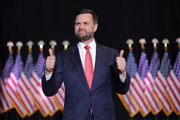 Republican vice presidential nominee, U.S. Sen. J.D. Vance (R-OH) holds a campaign rally at Radford University on July 22, 2024 in Radford, Virginia.