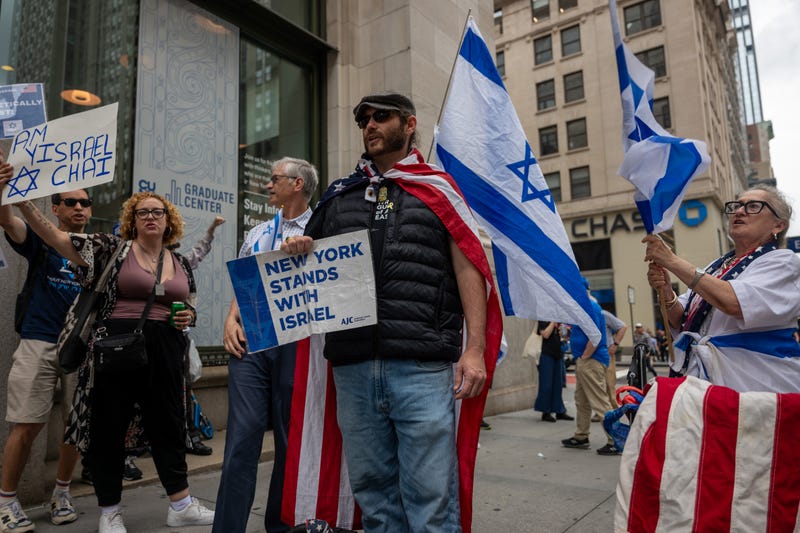 Supporters of both Palestine and Israel gather outside of CUNY Grad Center on July 22, 2024 in New York City. Supporters of Palestine have been critical of the city university's investments in Israel among other issues. The protest comes only days ahead of Israeli Prime Minister Benjamin Netanyahu's address to Congress. 