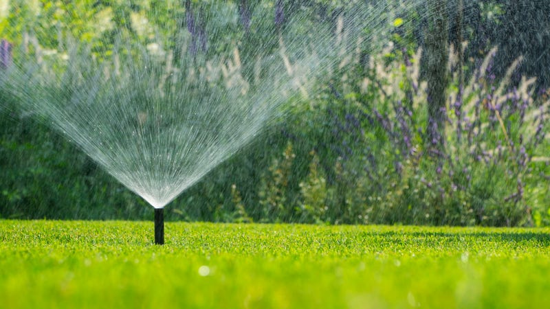 Garden sprinkler spraying water on a green lawn - stock photo